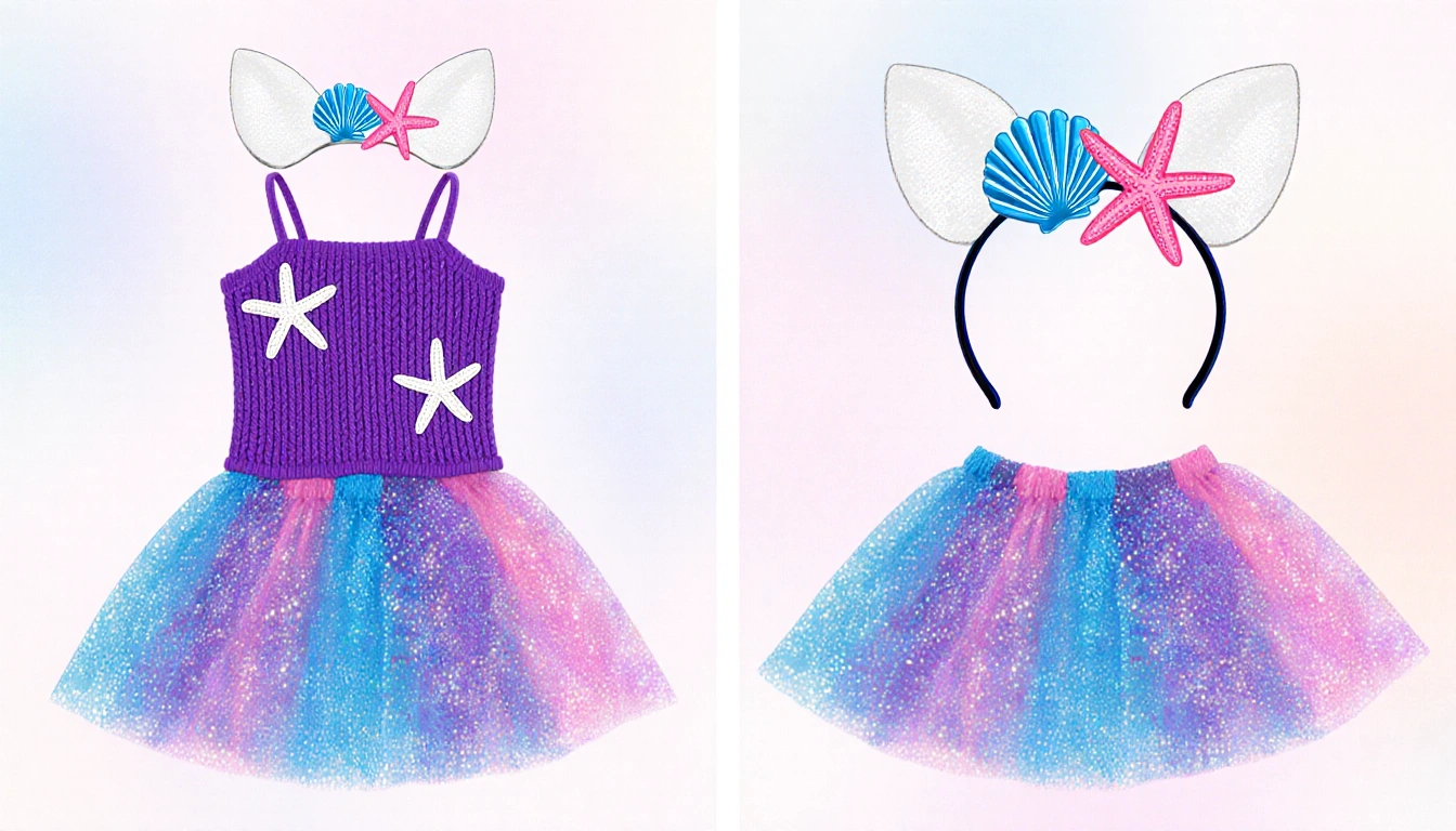 Kid wearing a knit purple top with white starfish and a glittery skirt in blue purple pink hues against a pastel backdrop