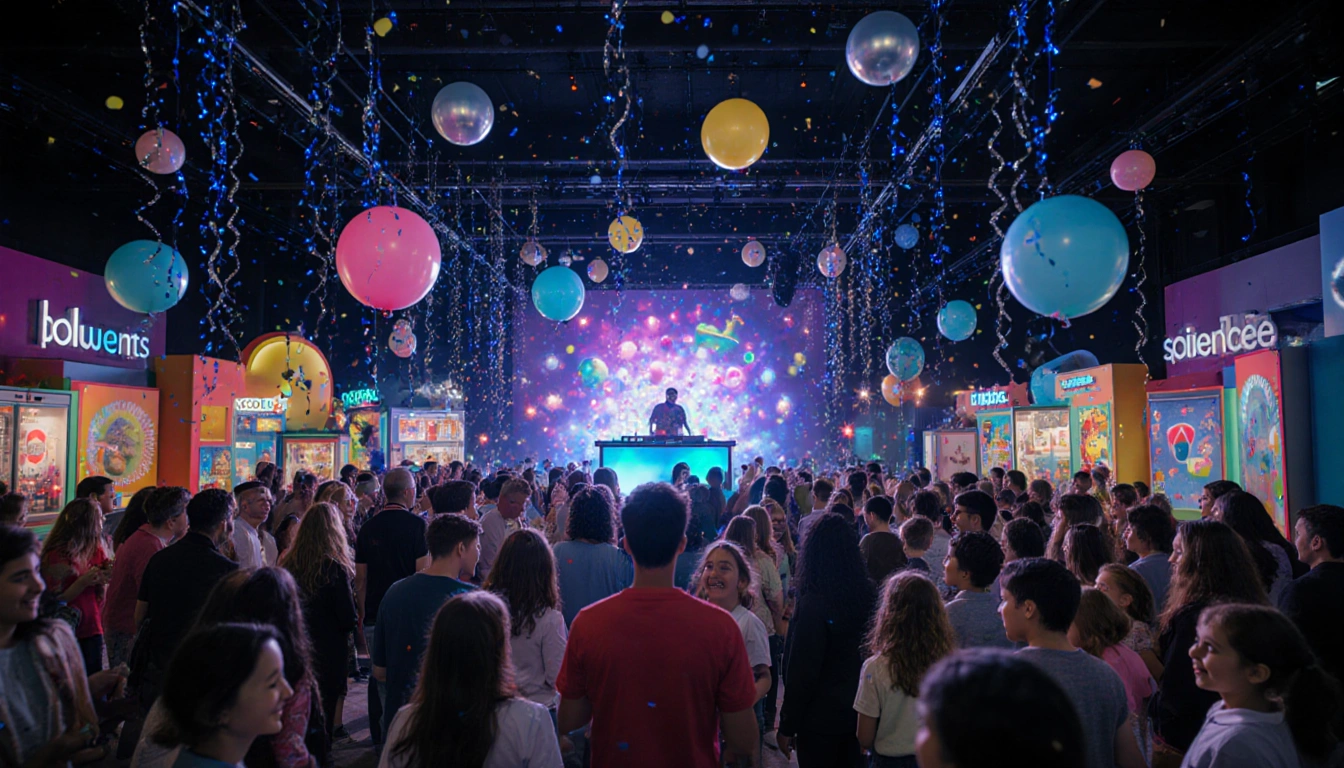 DJ booth spinning lights with balloons floating above guests and blue silver confetti filling the air at a children’s party