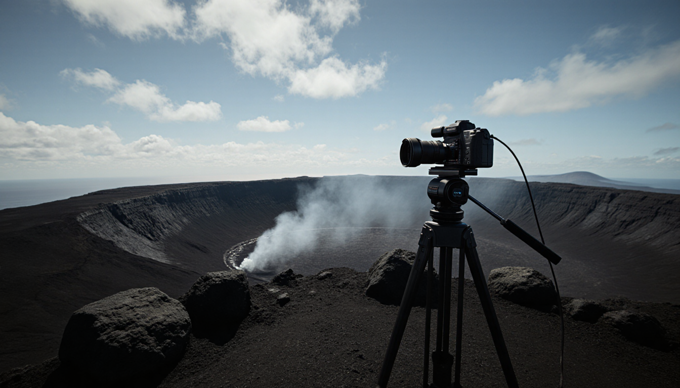 Camera capturing volcanic landscape at Kīlauea crater with rocks for safety and blue-gray sky