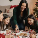 Kim Kardashian kneeling in holiday room with her four kids sprawled around her playing with wrapping paper and cookies.
