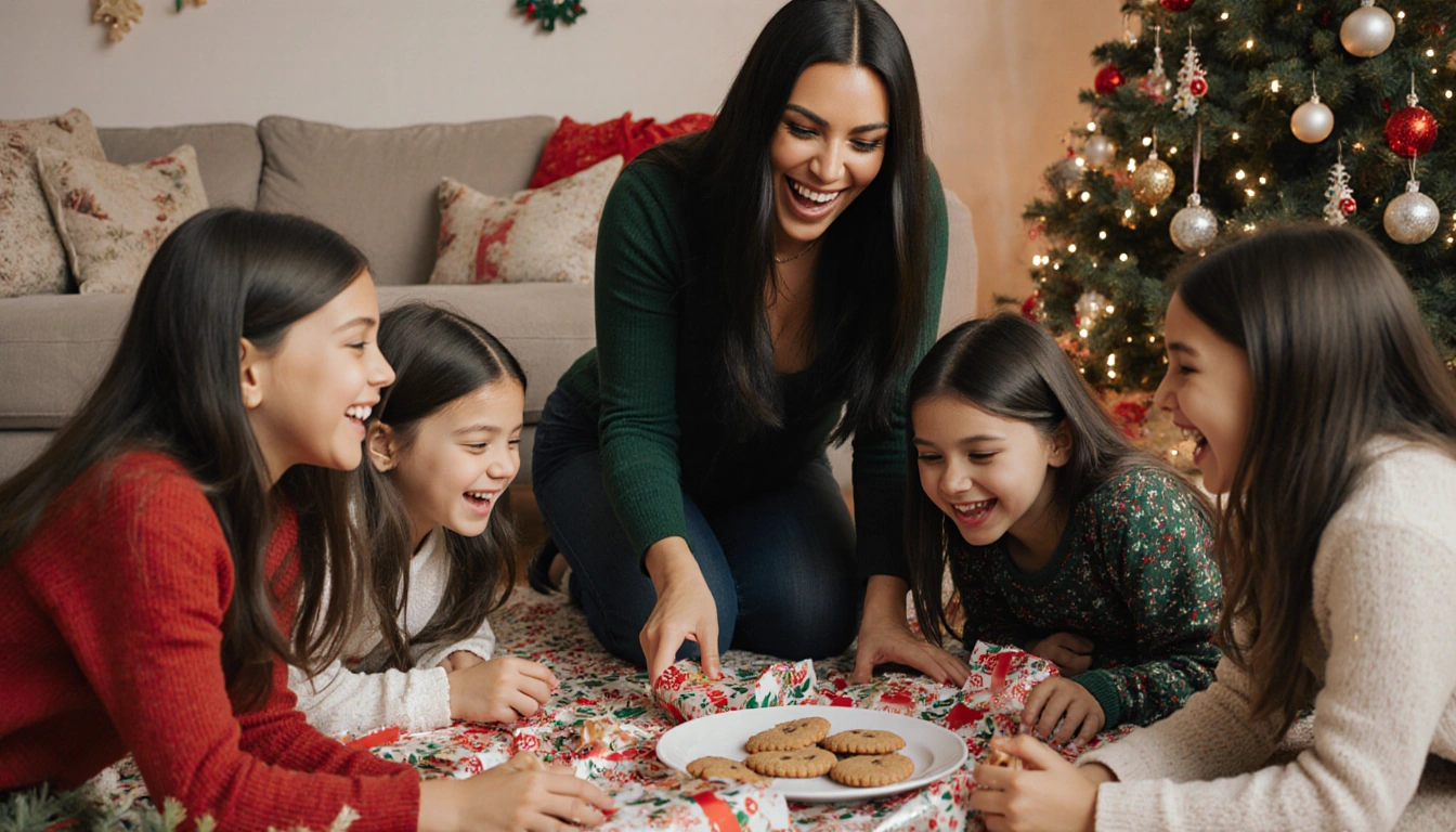 Kim Kardashian kneeling in holiday room with her four kids sprawled around her playing with wrapping paper and cookies.