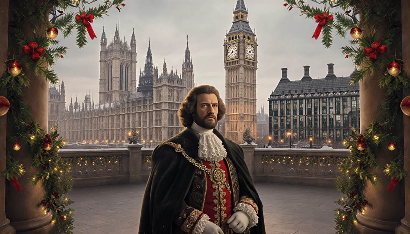 King Charles III standing with regalia near St Paul's Cathedral and palace rooftops in muted winter light