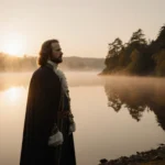 King Charles III standing on a lake shore looking toward horizon with sunset light and misting evergreen trees