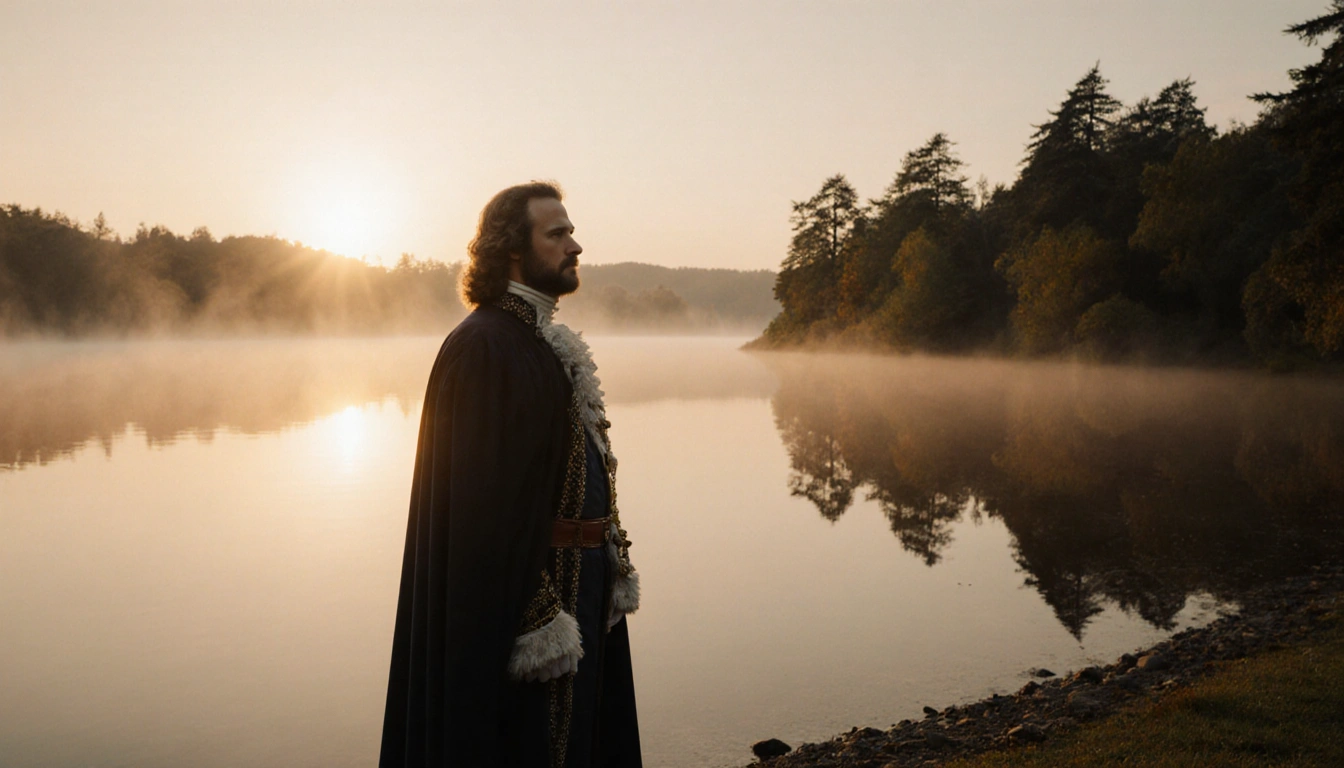 King Charles III standing on a lake shore looking toward horizon with sunset light and misting evergreen trees
