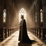 King Charles III standing in Westminster Abbey chapel with golden light filtering through stained glass and Gothic arches.