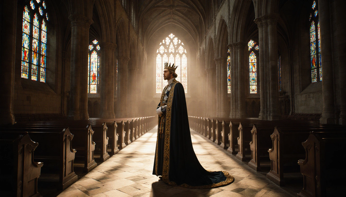 King Charles III standing in Westminster Abbey chapel with golden light filtering through stained glass and Gothic arches.