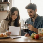 Young couple pouring coffee with French press and Aldi groceries on table in warm kitchen