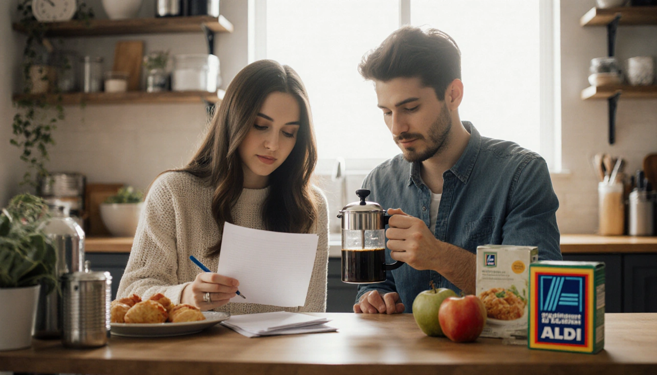 Young couple pouring coffee with French press and Aldi groceries on table in warm kitchen