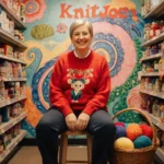 Smiling knitter sits on stool with bright red sweater and overflowing yarn basket amid surrealist Trader Joe