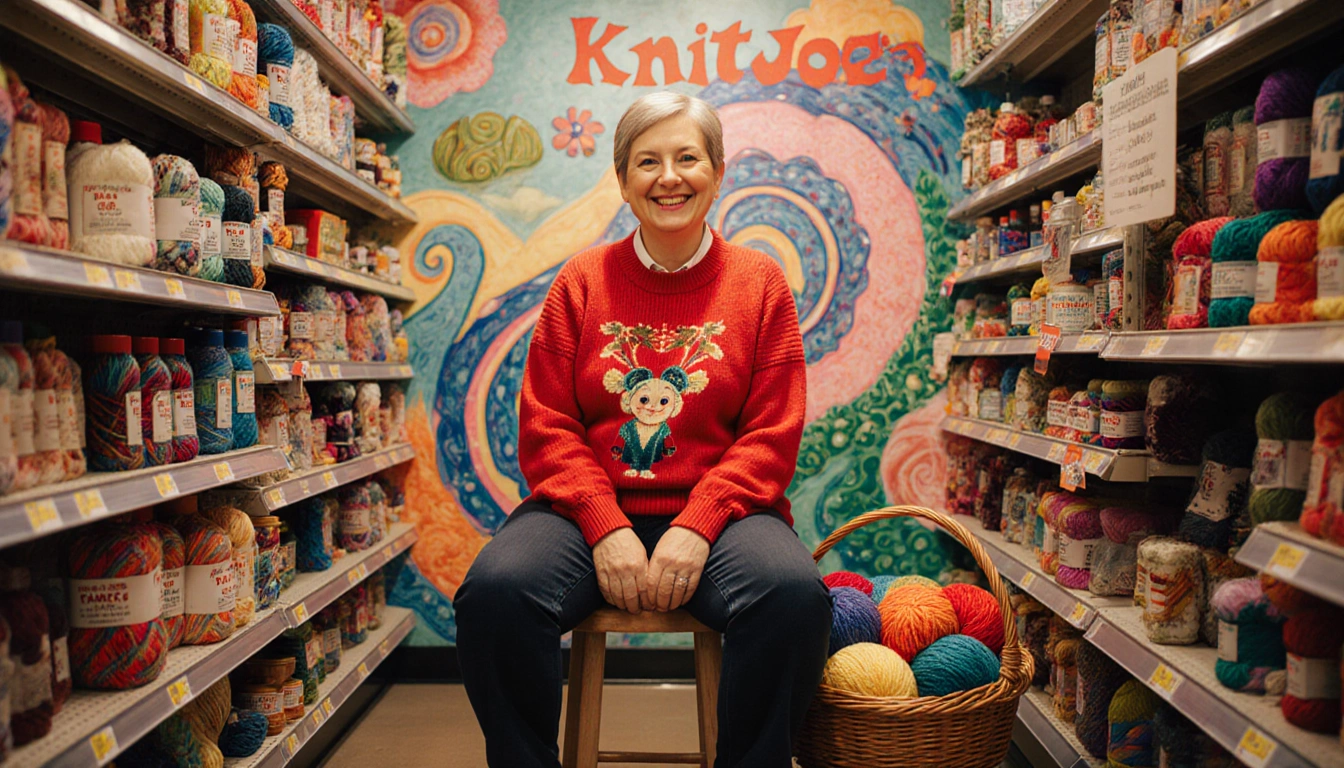 Smiling knitter sits on stool with bright red sweater and overflowing yarn basket amid surrealist Trader Joe