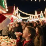 Child taking first bite of Santa Snoopy cookie with twinkling lights and holiday market.