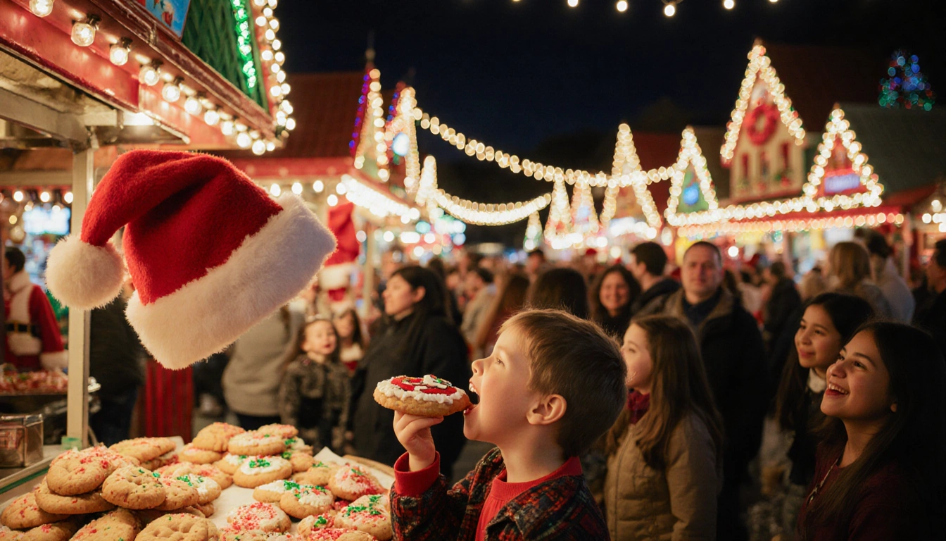 Child taking first bite of Santa Snoopy cookie with twinkling lights and holiday market.