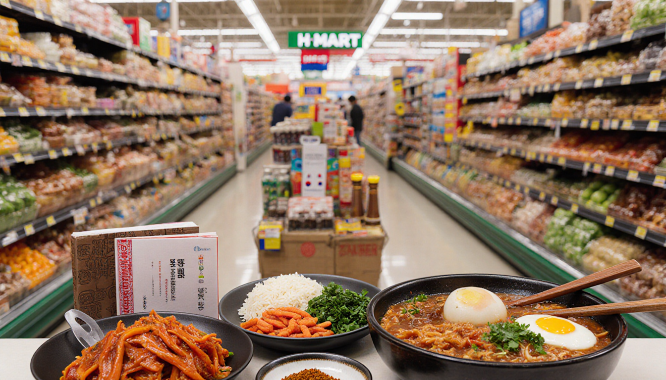 Korean dishes such as kimchi and bibimbap are arranged with spices and utensils in a vibrant H Mart aisle