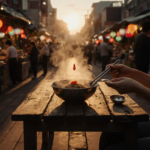 Author holding steaming bowl of bibimbap with golden light and metal utensils reflecting nostalgia