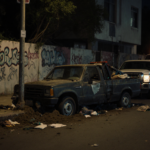 Abandoned wheel lies buried in soil with tow trucks beside ADUs on a dim Koreatown street and flickering lights