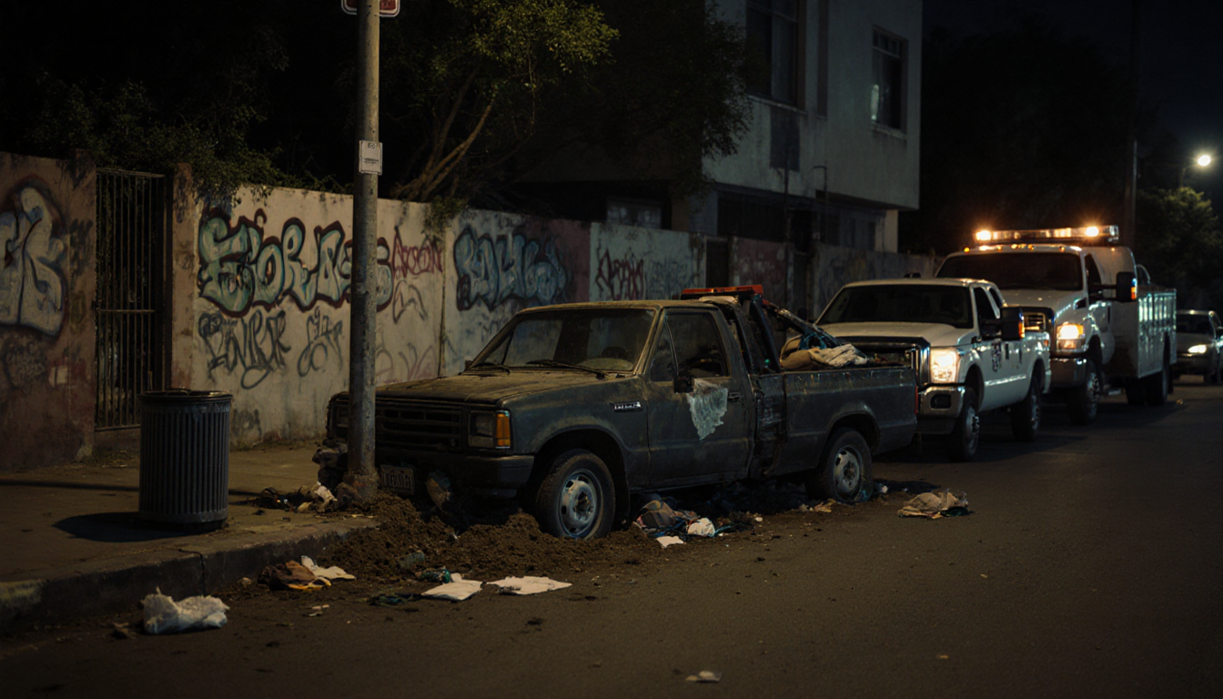 Abandoned wheel lies buried in soil with tow trucks beside ADUs on a dim Koreatown street and flickering lights