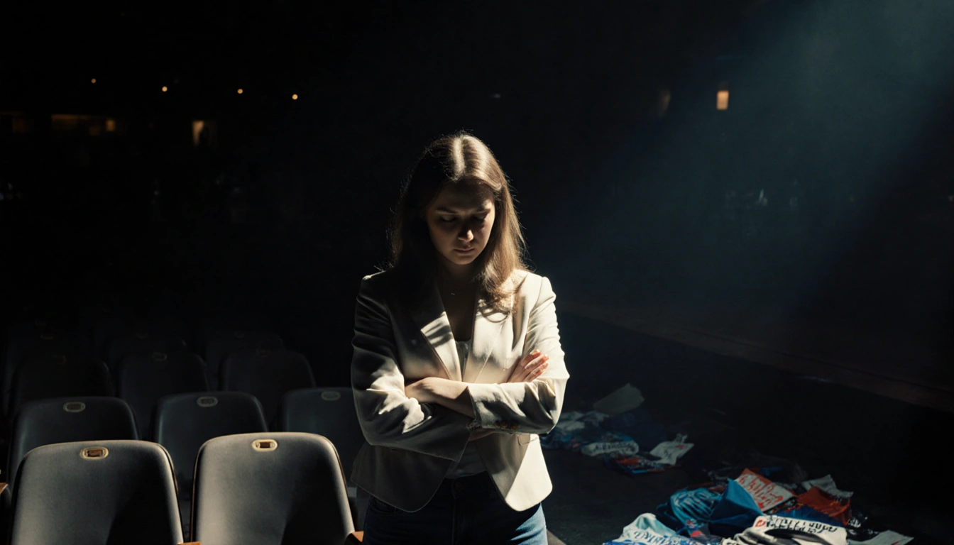 Kristin Cabot stands with crossed arms and downward gaze on dimly lit stage with empty seats and scattered Coldplay merch