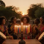 Smiling African community gathering around a glowing Kwanzaa kinara with kente cloth and drums in a village square