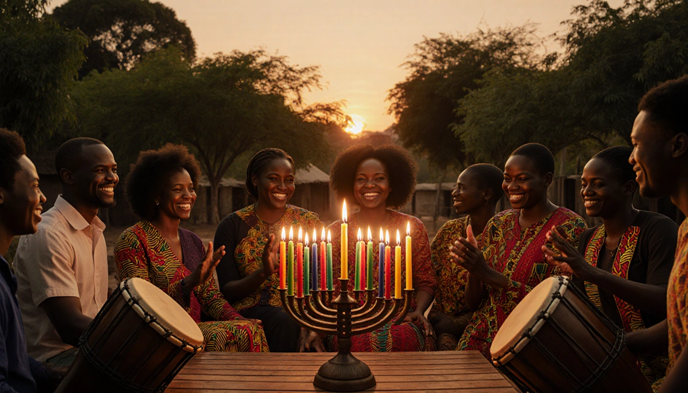 Smiling African community gathering around a glowing Kwanzaa kinara with kente cloth and drums in a village square
