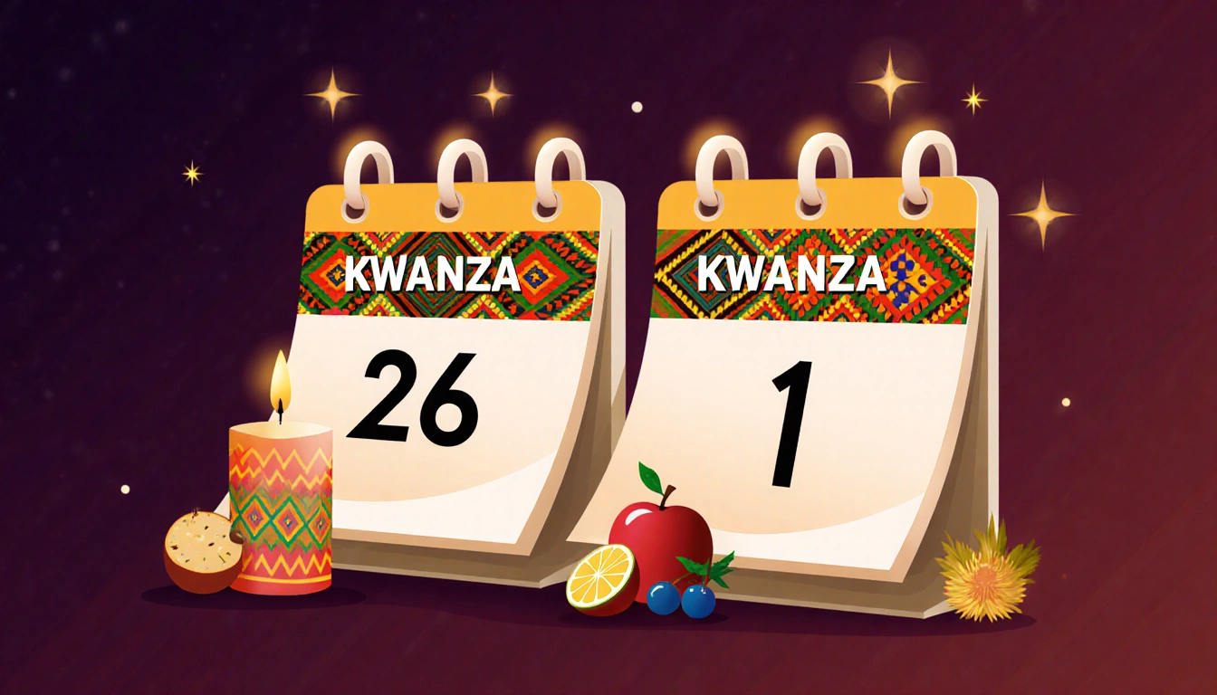 Calendar depicting Kwanzaa dates with vibrant African patterns and candles.