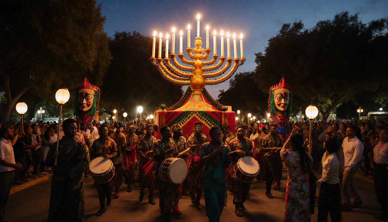 Participants dancing around illuminated kinara with African patterns and lanterns.