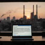 Laptop screen shows cryptic sanctions message with Kyiv sunset skyline and faint American flag nearby
