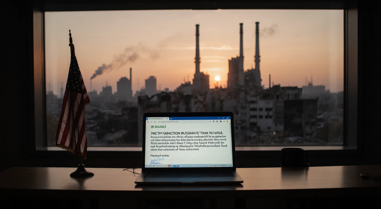 Laptop screen shows cryptic sanctions message with Kyiv sunset skyline and faint American flag nearby