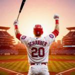 Kyle Schwarber lifts bat high at home plate with Phillies lights and sunset glow