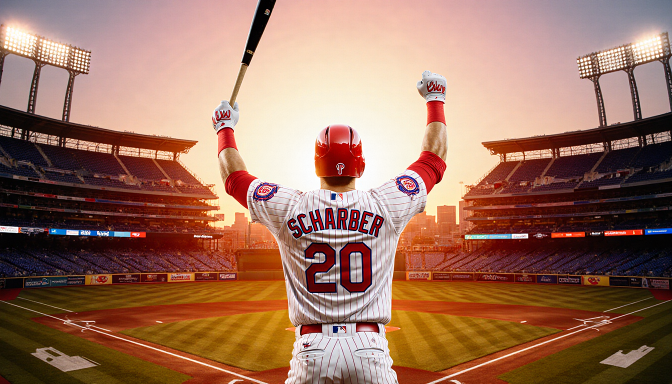 Kyle Schwarber lifts bat high at home plate with Phillies lights and sunset glow