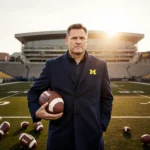 Kyle Whittingham stands holding a football with a motion blurred field and Michigan football stadium at sunset