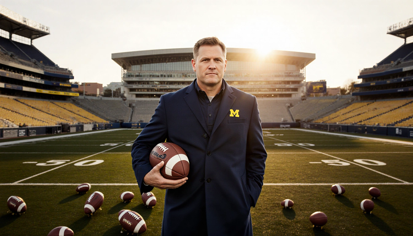 Kyle Whittingham stands holding a football with a motion blurred field and Michigan football stadium at sunset