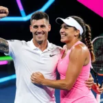 Kyrgios and Sabalenka high‑fiving with neon‑lit court and geometric patterns and shimmering lights
