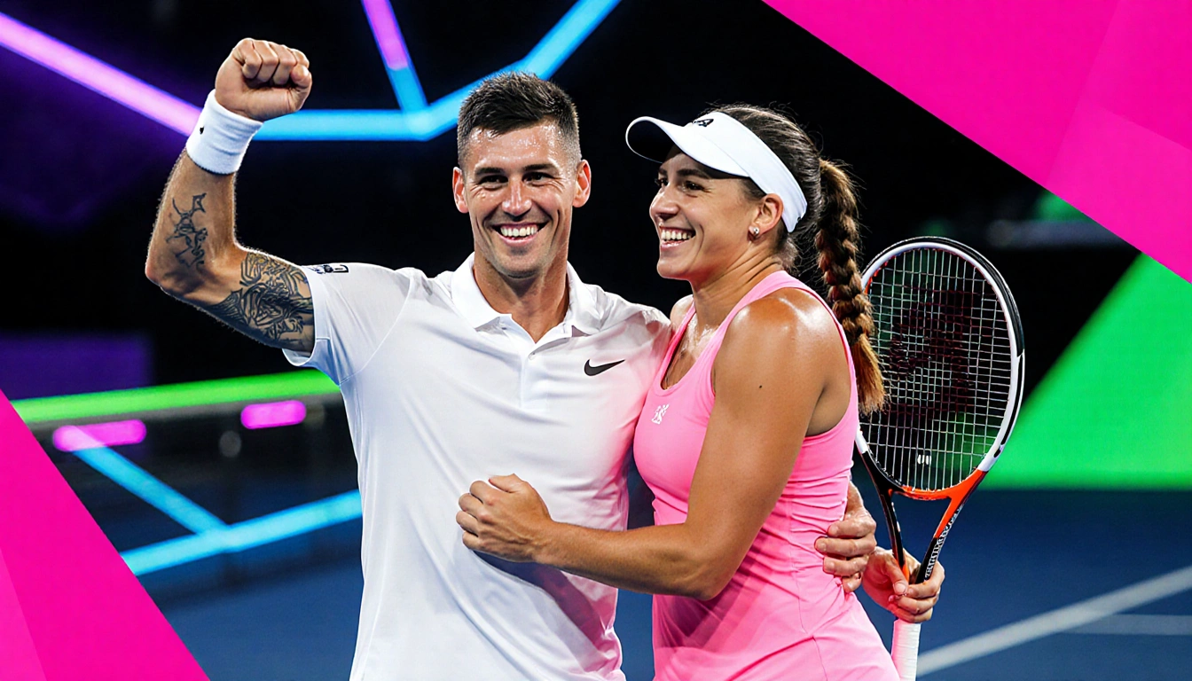 Kyrgios and Sabalenka high‑fiving with neon‑lit court and geometric patterns and shimmering lights