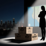 Silhouette woman standing with arms crossed illuminated by spotlight on labeled crates near a darkened Los Angeles skyline