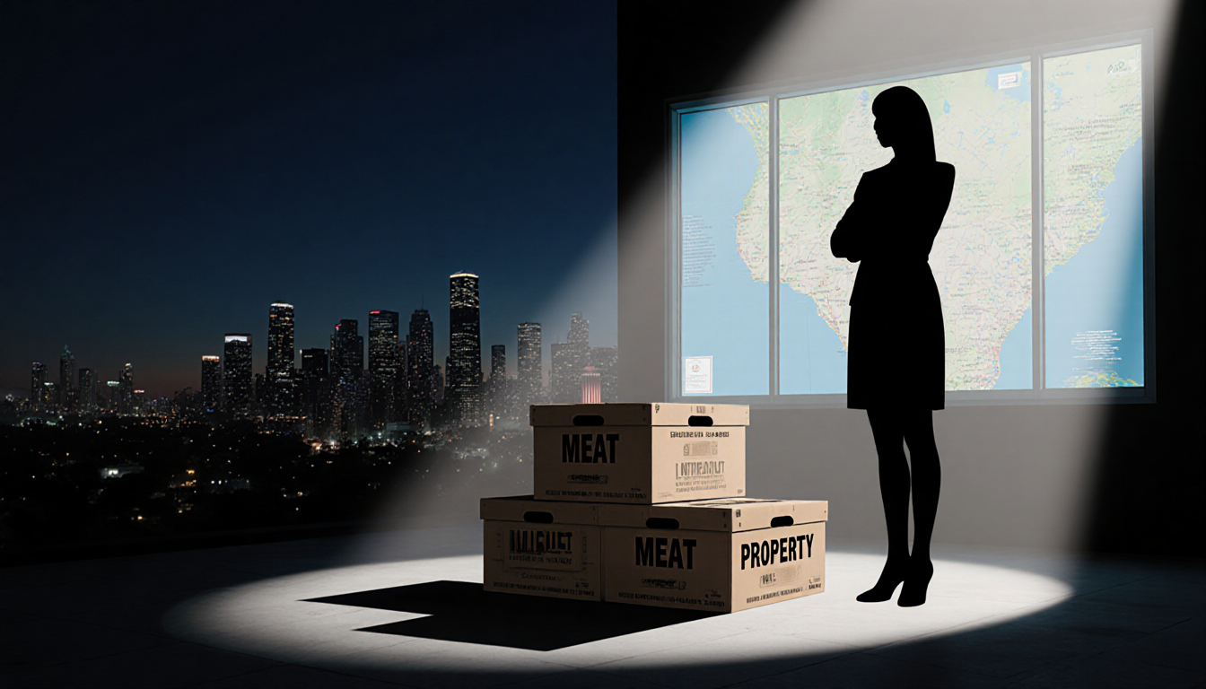 Silhouette woman standing with arms crossed illuminated by spotlight on labeled crates near a darkened Los Angeles skyline