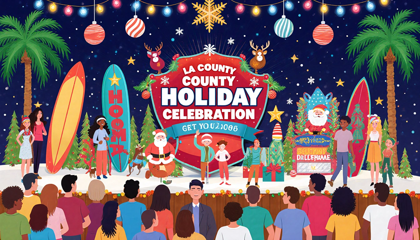 Diverse crowd gathering around a holiday display with bright lights and palm trees reflecting Southern California culture.