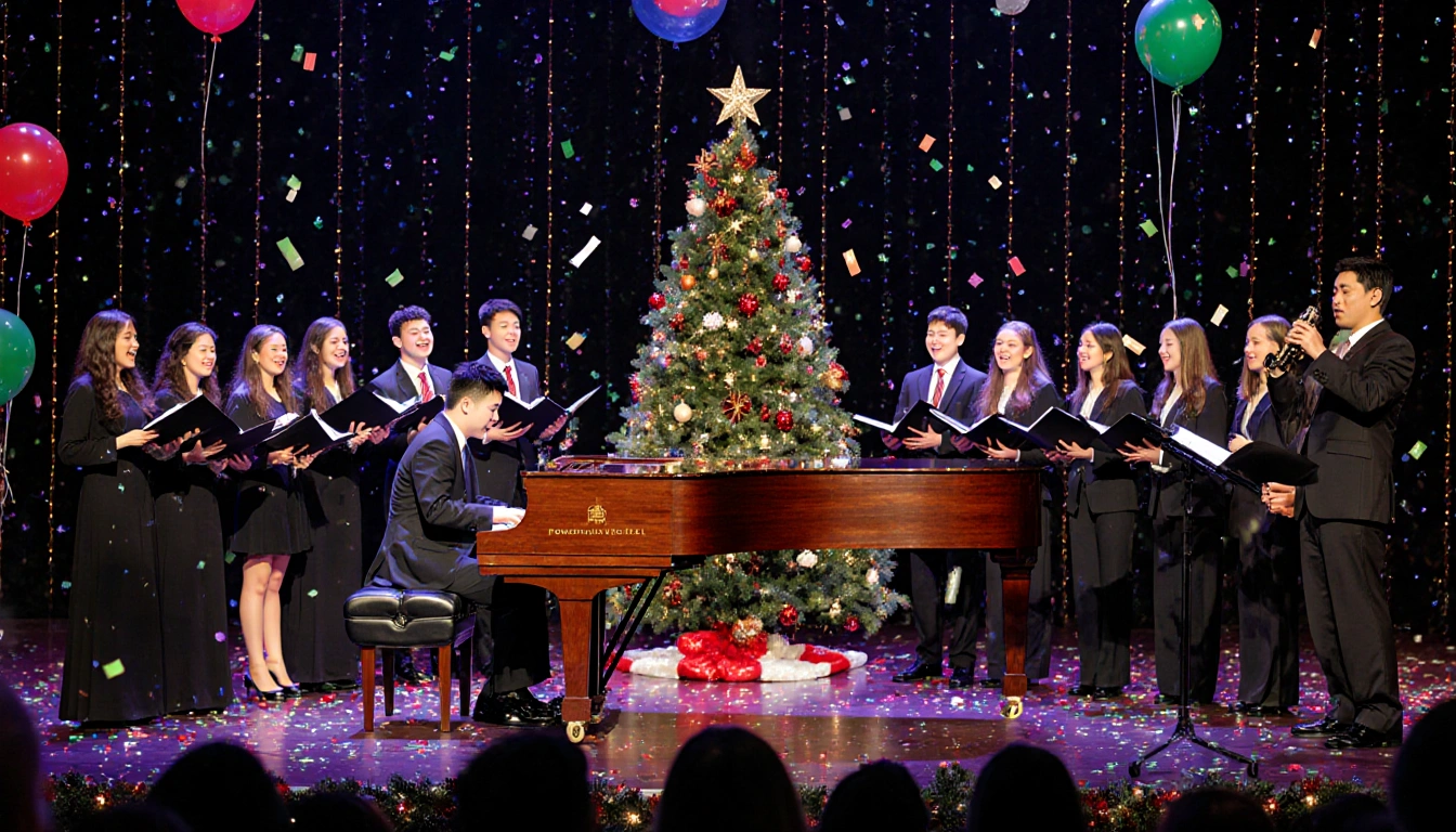 Ponpon Chen Jazz Quartet playing piano with festive lights and a live Christmas tree while confetti swirls.