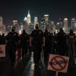 US Customs agents leading a handcuffed crowd with LA skyline behind and protesters holding No Border signs.
