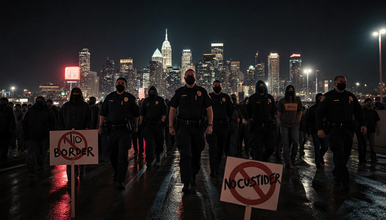 US Customs agents leading a handcuffed crowd with LA skyline behind and protesters holding No Border signs.