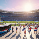 Ali Truwit and Ariarne Titmus pose with electric buses parked at LA28 stadium entrance and flag football field in background