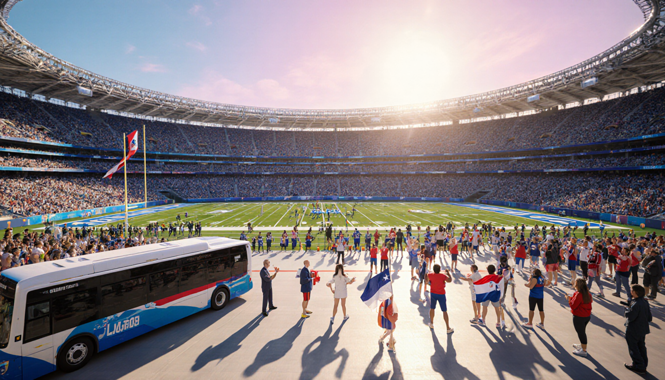 Ali Truwit and Ariarne Titmus pose with electric buses parked at LA28 stadium entrance and flag football field in background
