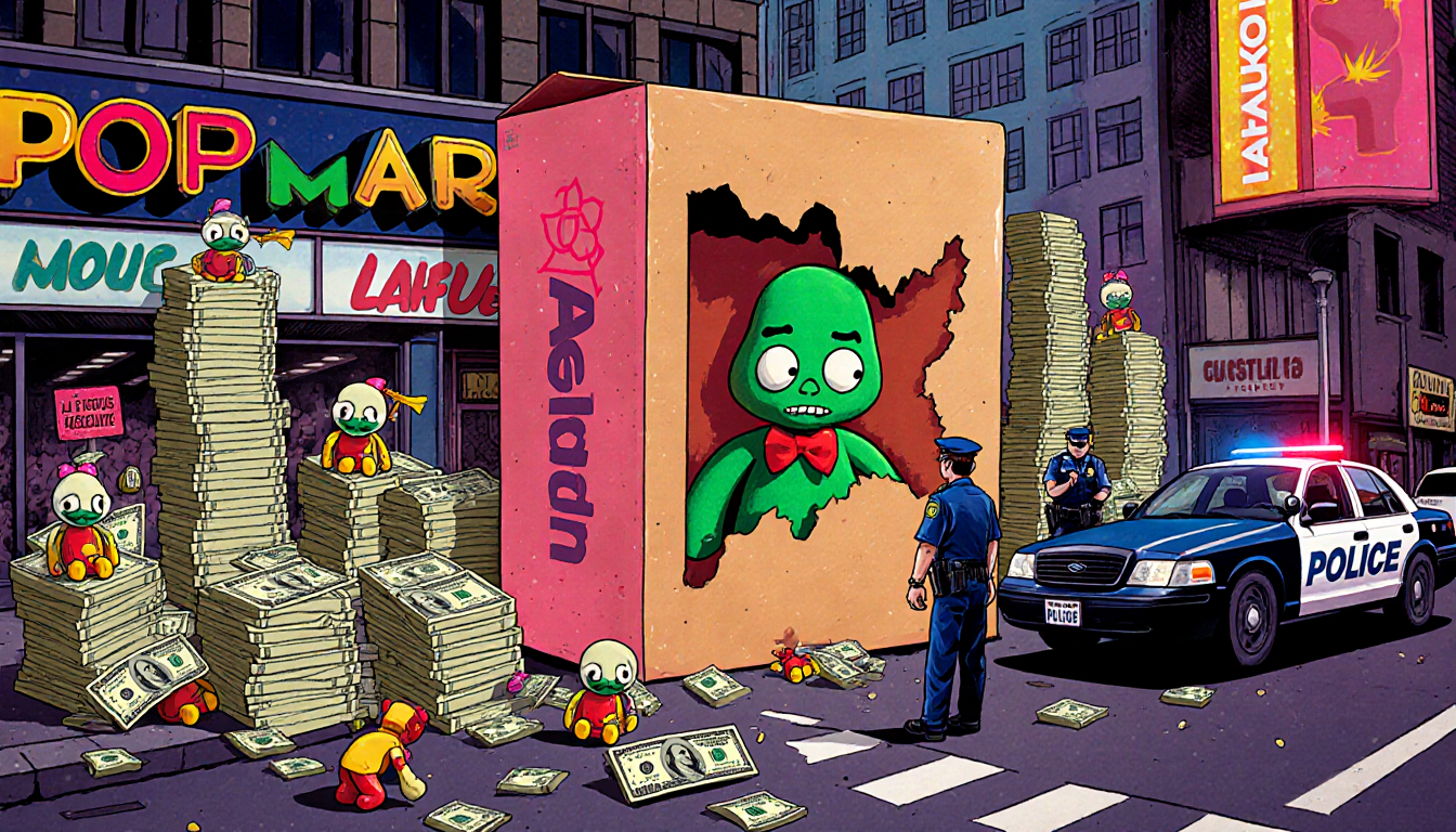 Blind box opens revealing Labubu doll with stacks of dollar bills and plush toys near a Pop Mart storefront and police car.