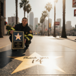 Firefighter holds award plaque with handwritten thank you note and golden star shining on sidewalk near Hollywood signs and p