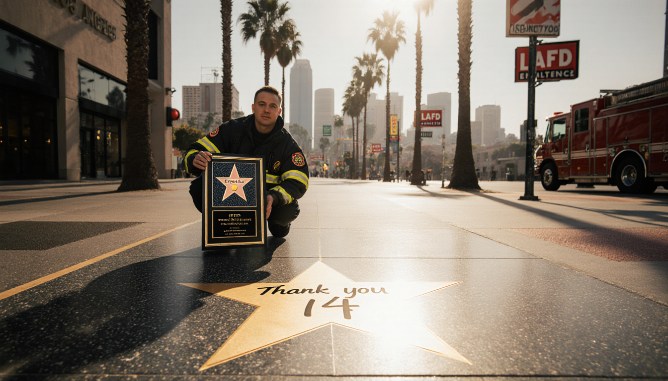 Firefighter holds award plaque with handwritten thank you note and golden star shining on sidewalk near Hollywood signs and p