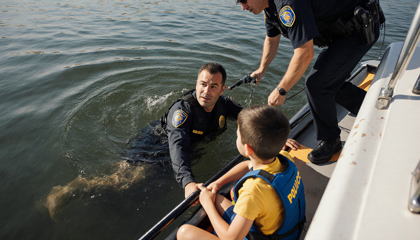 Father being rescued by police with patrol vessel approaching while child watches in kayak at Lake Perris