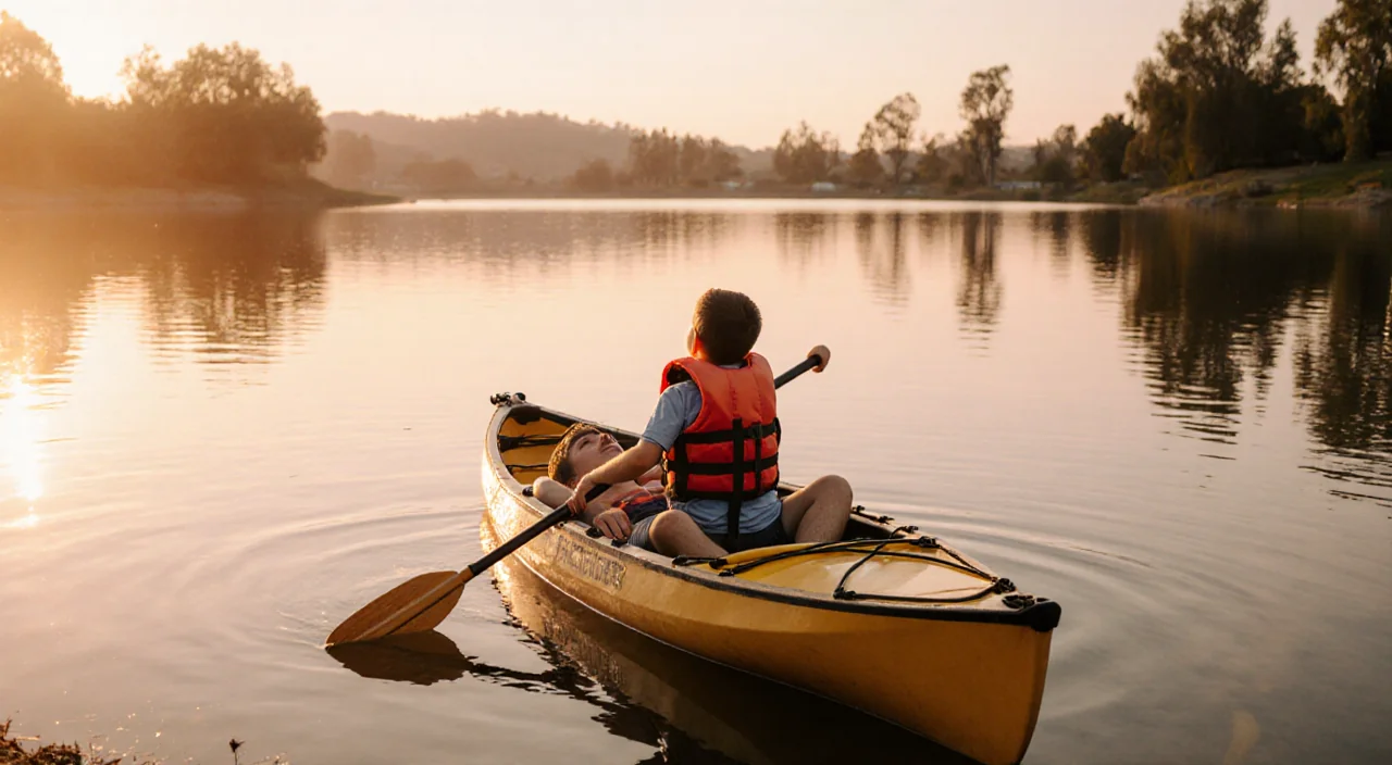 Boy sitting in kayak looking up at father in water with golden dusk light reflecting on lake.