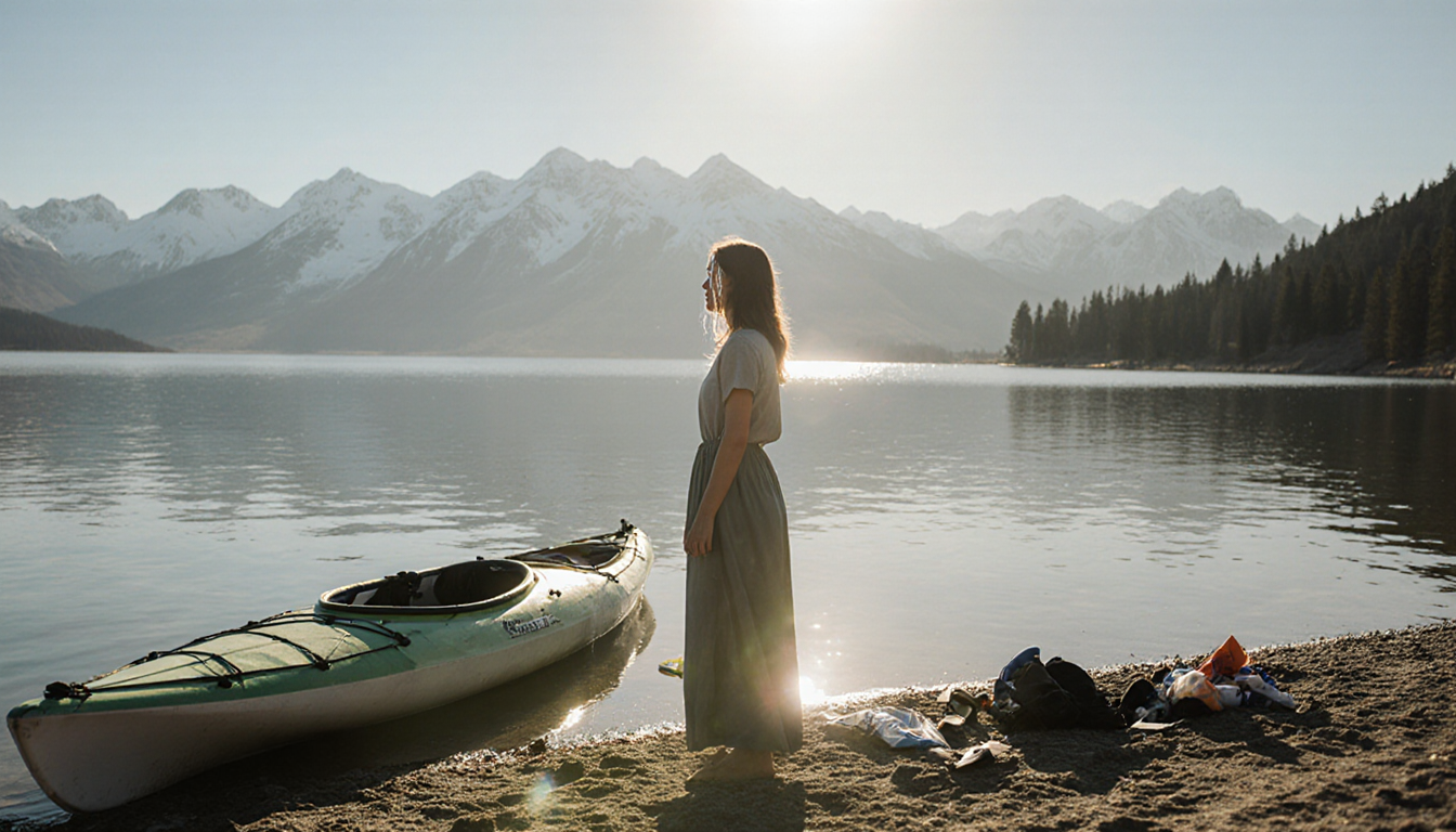 Woman crying standing on Lake Perris shore with sunlit face and a capsized kayak behind her amid quiet blue mountains.