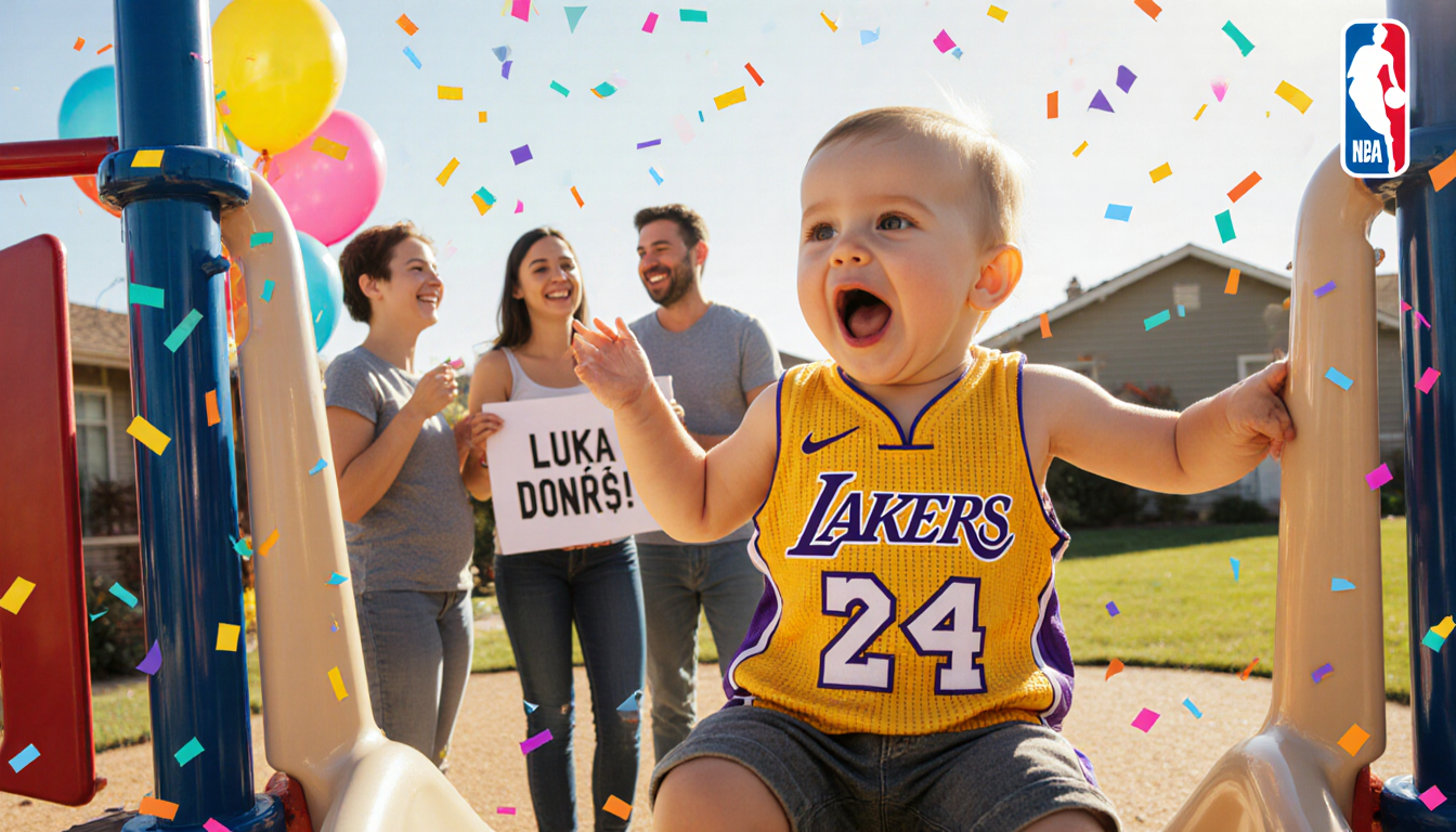 Little boy in Lakers jersey sits on slide shouting for Luka with balloons and confetti and parents holding a Luka Dončić sign