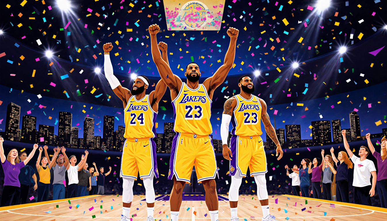 Lakers players triumphantly on court with confetti and cheering fans and Los Angeles skyline behind