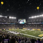 Fans cheering in snowy Lambeau Field with yellow and black balloons hovering and a giant TV screen showing live stats
